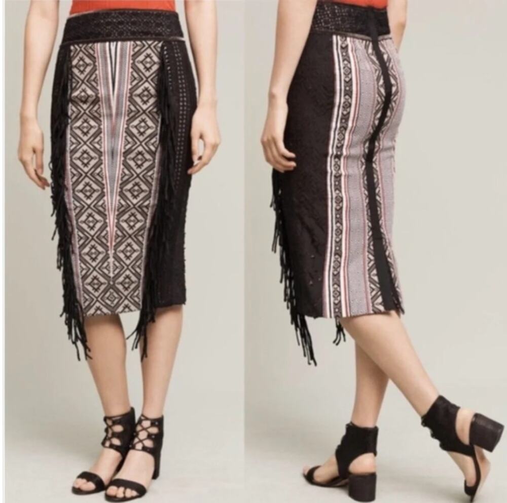 Byron Lars Black and White Geometric Skirt Boho Fringe Size 10